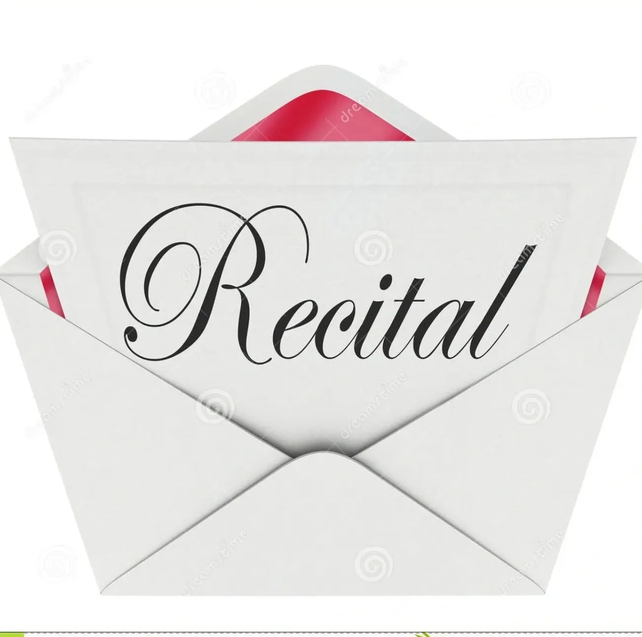 A white envelope with the word recital written on it.